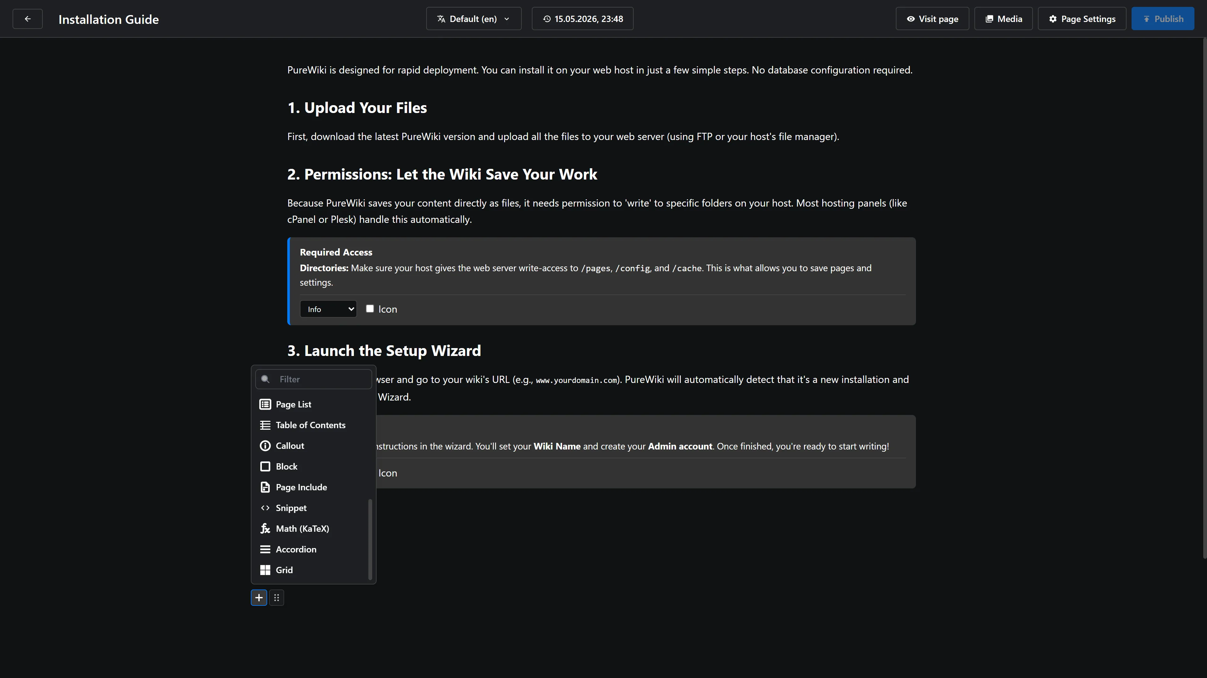 Der grafische Editor von PureWiki, basierend auf Editor.JS